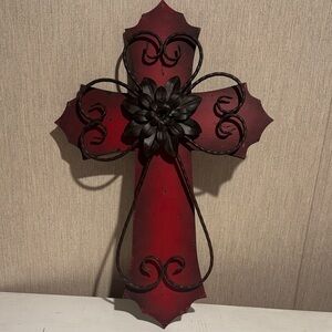 Red Decorative Wall Cross with Black Flower Accent